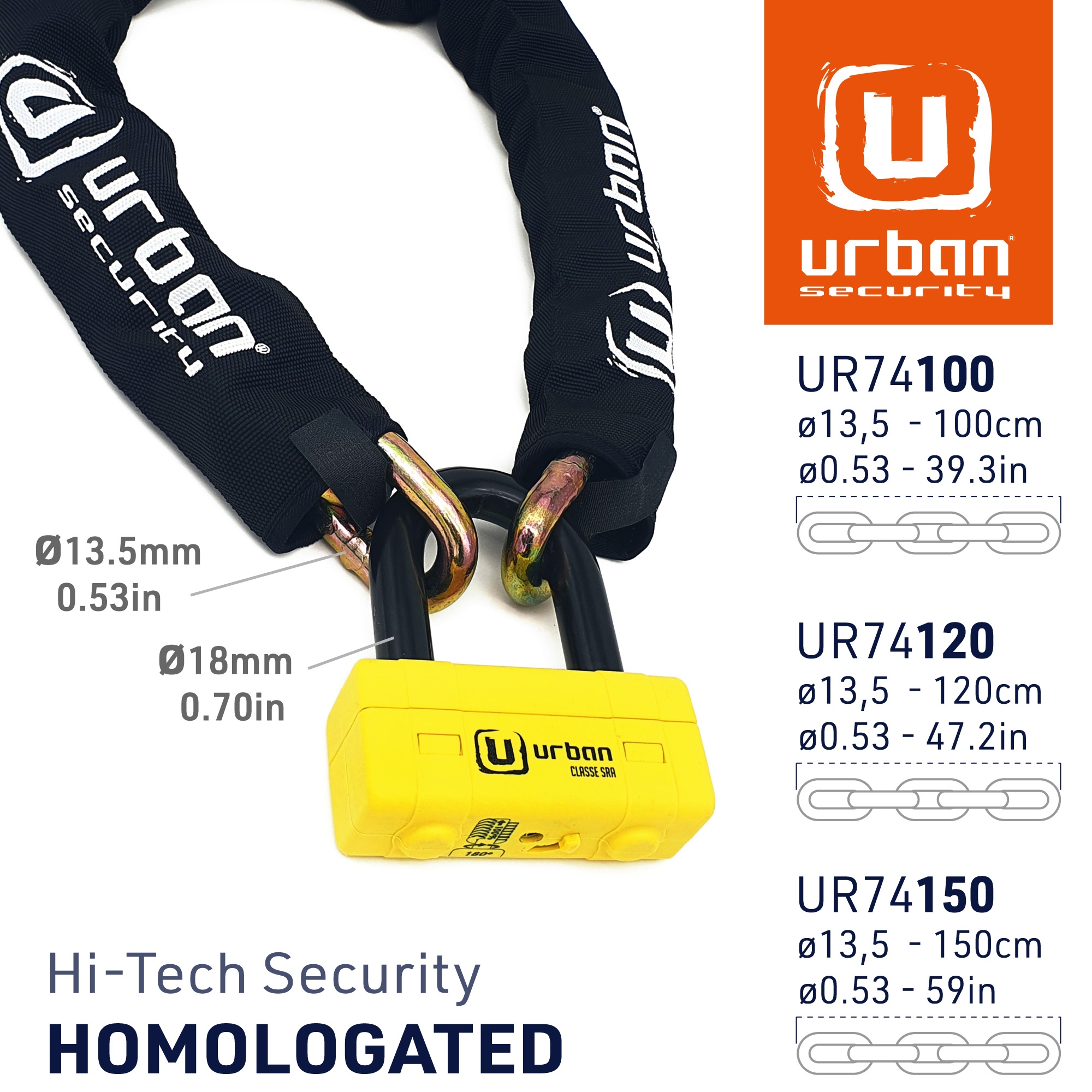 URBAN UR74120L Candado Cadena Antirrobo Moto Alta Seguridad Homologado  Classe SRA, Mini U Bloqueo Disco +