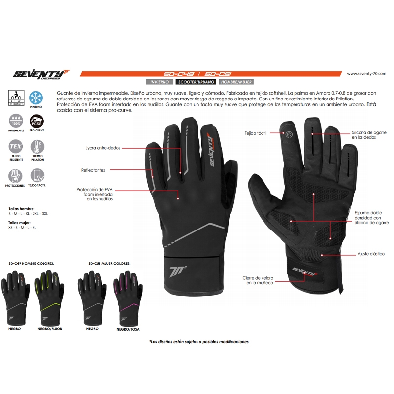 GUANTES DE MOTO INVIERNO DE HOMBRE SEVENTY DEGREES SD-C49 NEGRO/AMARILLO  FLUOR